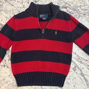 Polo by Ralph Lauren Navy & Red Striped Half-Zip Mockneck Sweater